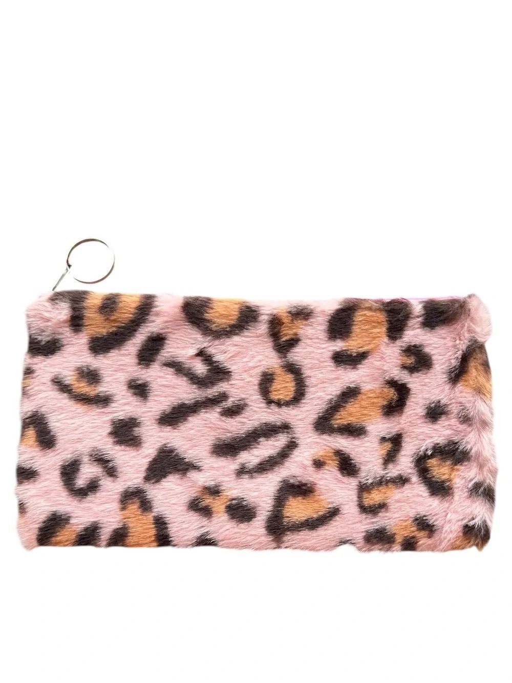 Pink Leopard Print Faux Fur Clutch With Keyring